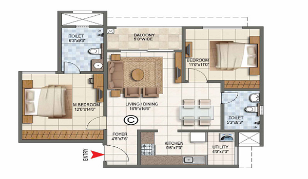 2 BHK floor plan of Sobha Codename Trinity